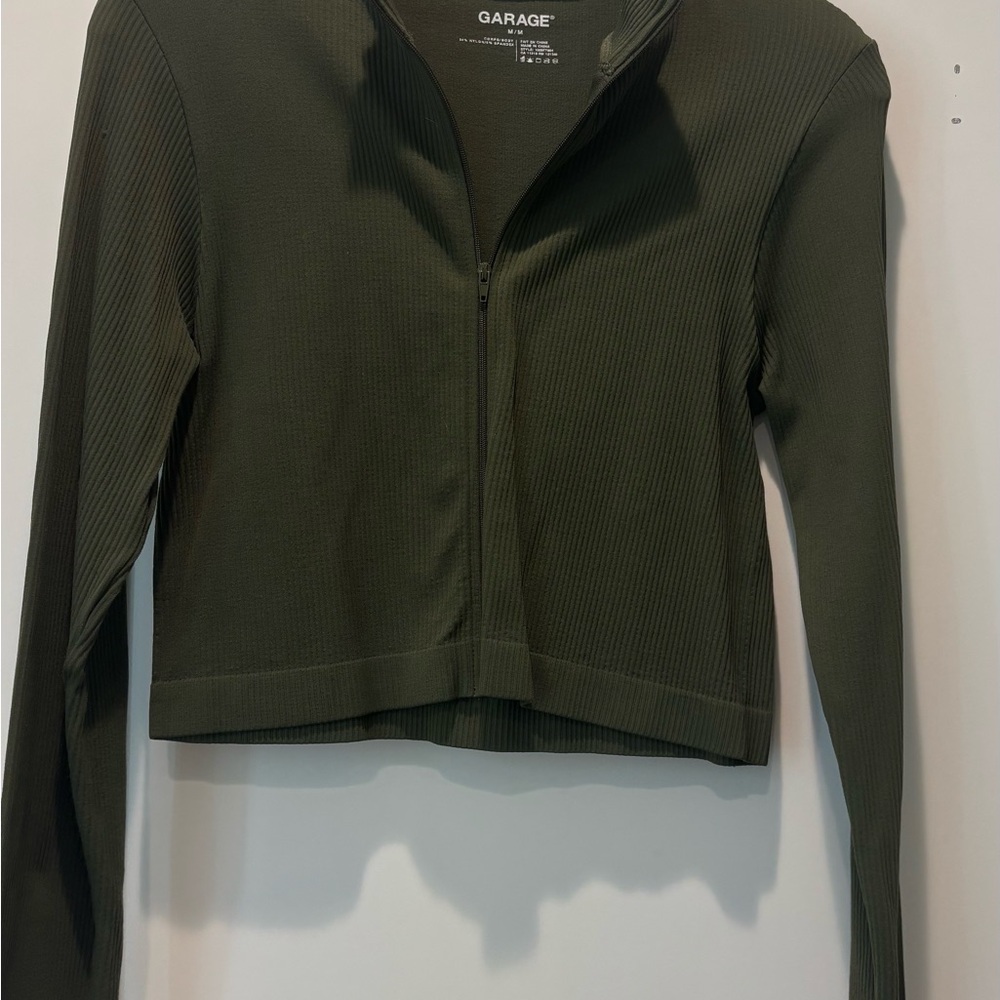 Garage Khaki Ribbed Zip-Up Top